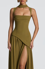 Olive Green Corset Maxi Dress – Chiffon Scarf Evening Gown | Meave & Ivy