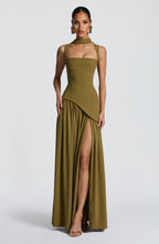 Olive Green Corset Maxi Dress – Chiffon Scarf Evening Gown | Meave & Ivy