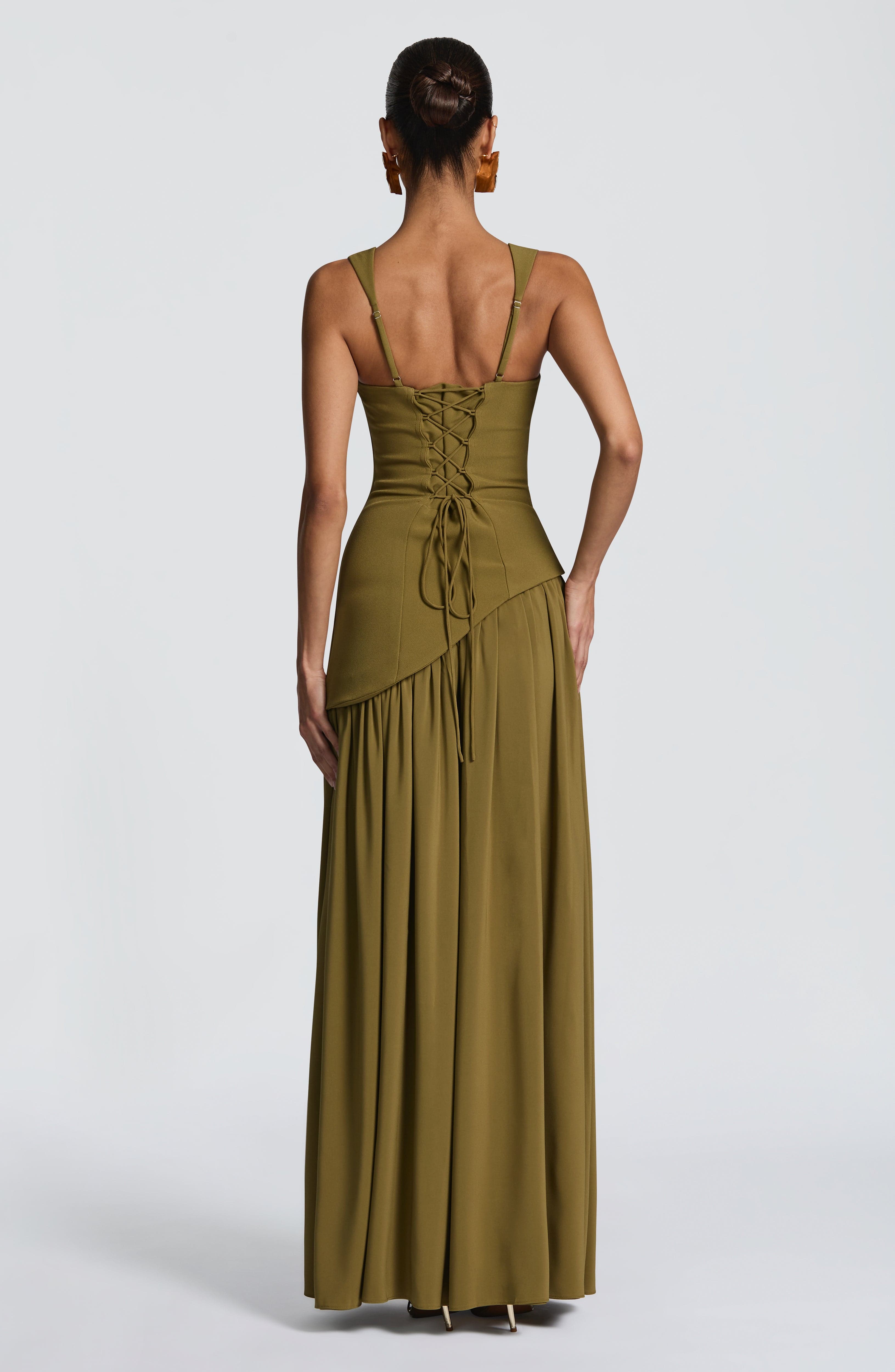 Olive Green Corset Maxi Dress – Chiffon Scarf Evening Gown | Meave & Ivy