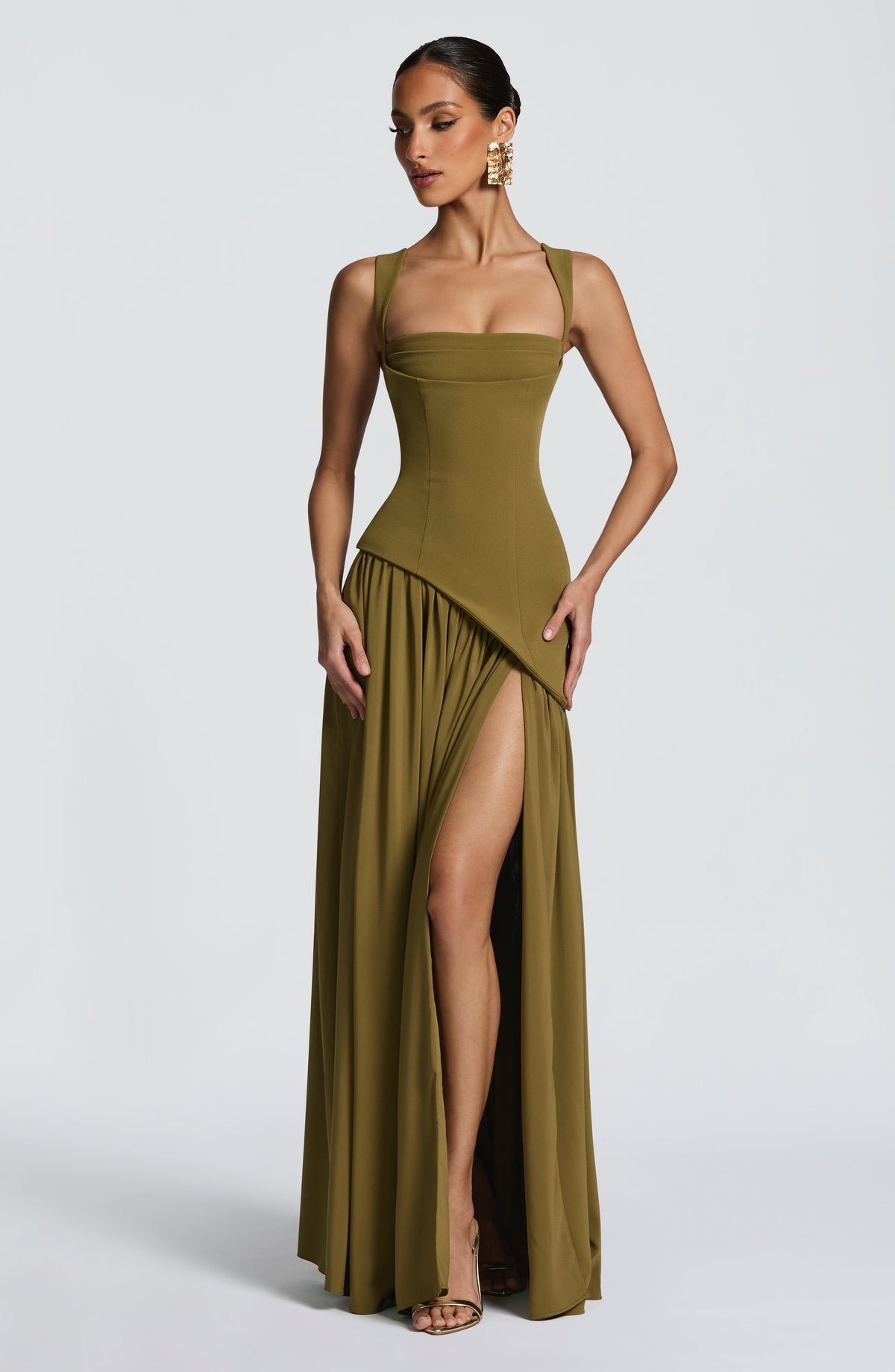 Olive Green Corset Maxi Dress – Chiffon Scarf Evening Gown | Meave & Ivy
