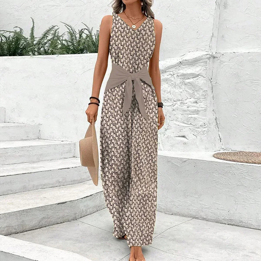 Women's Printed Sleeveless Wide-Leg Jumpsuit with Tie Waist
