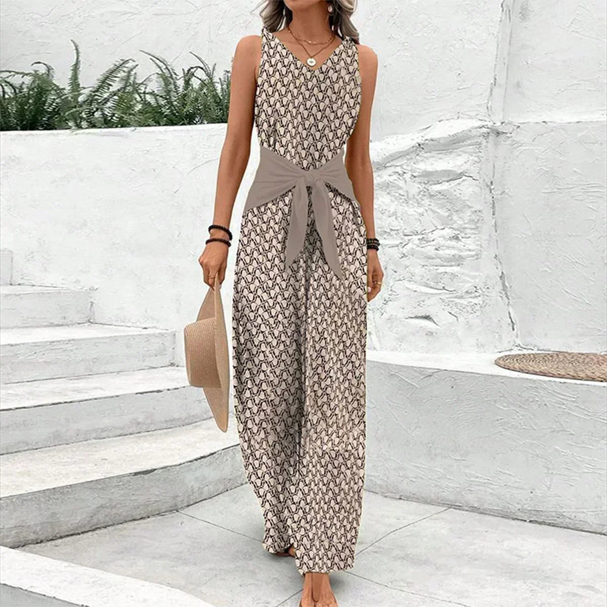Women's Printed Sleeveless Wide-Leg Jumpsuit with Tie Waist