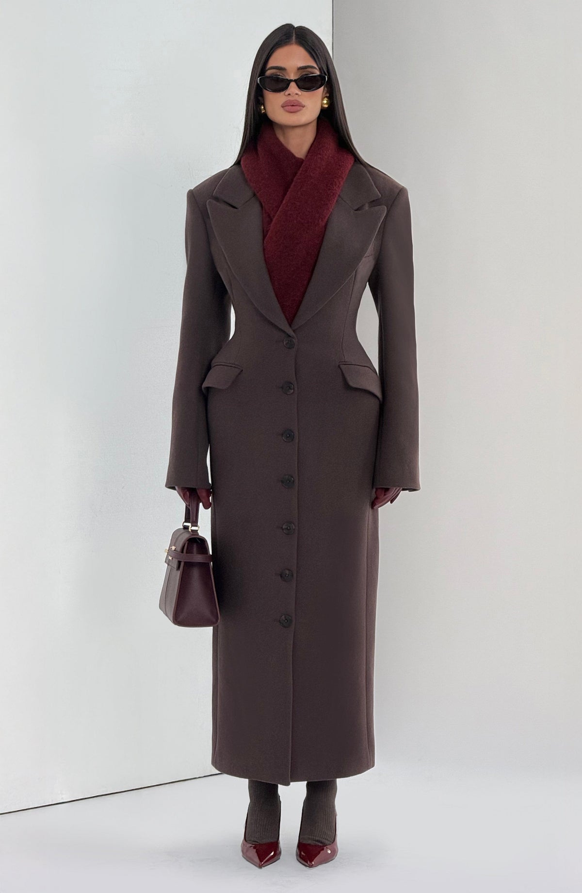Plum Brown Wool-Blend Overcoat – Elegant Long Coat | Meave & Ivy