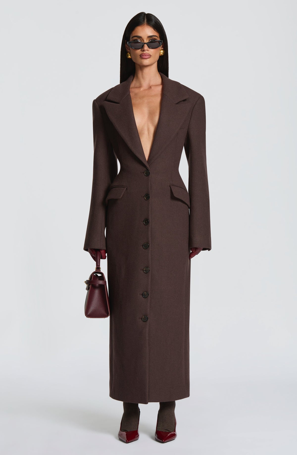 Plum Brown Wool-Blend Overcoat – Elegant Long Coat | Meave & Ivy
