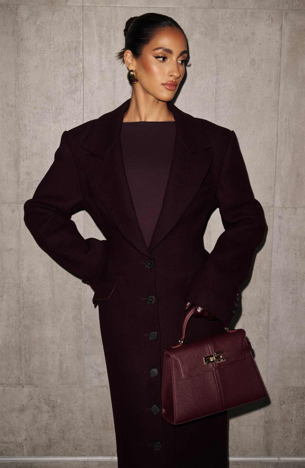Plum Wool-Blend Overcoat – Elegant Long Coat | Meave & Ivy
