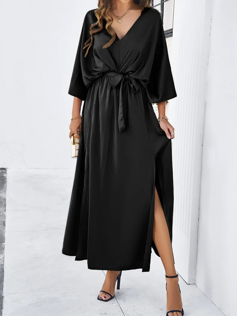 Andrea | Women's Elegant Satin Wrap Dress with Side Slit | Meave & Ivy
