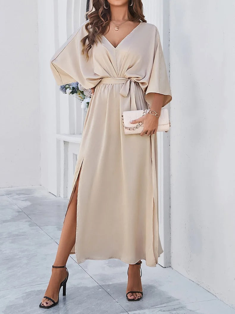Andrea | Women's Elegant Satin Wrap Dress with Side Slit | Meave & Ivy