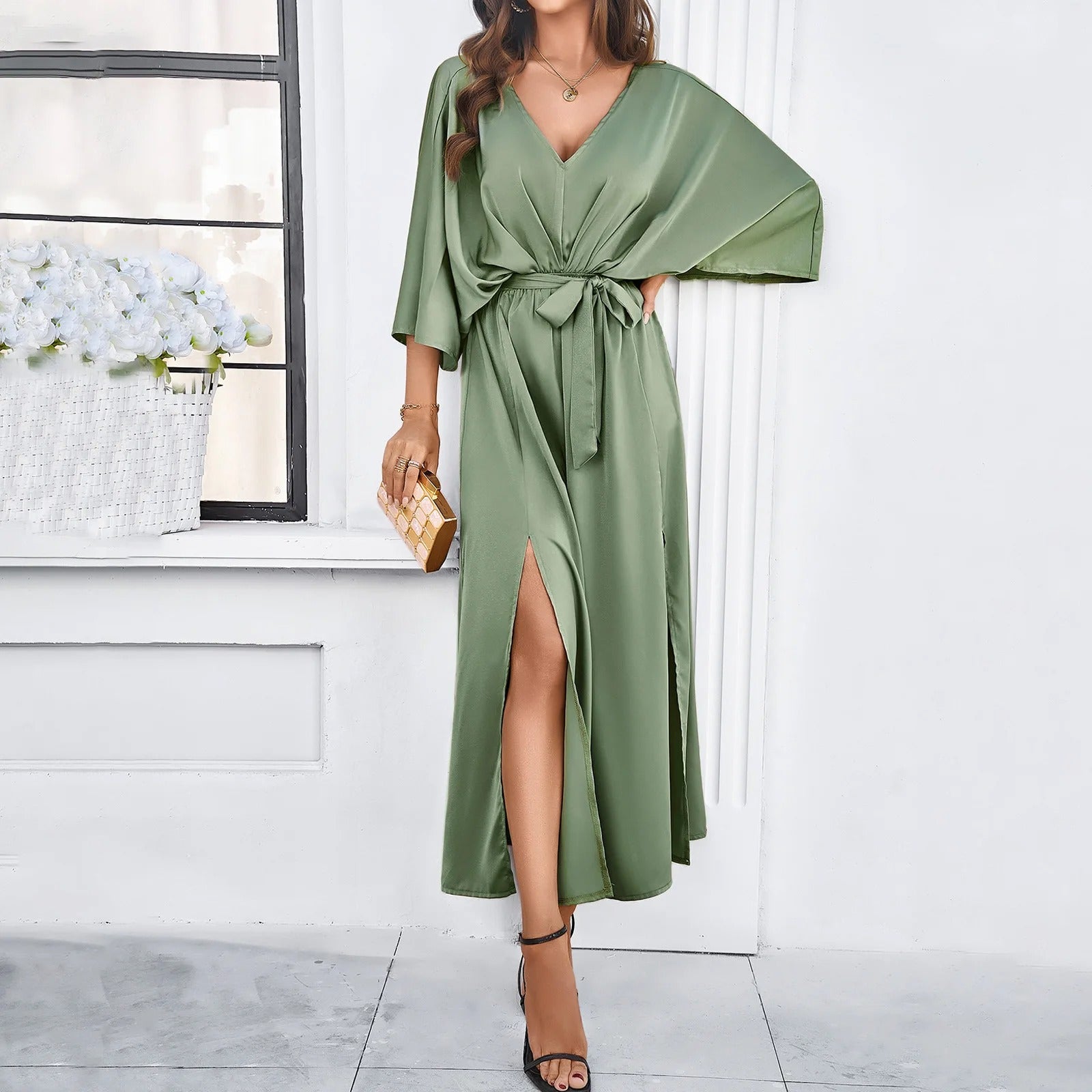 Andrea | Women's Elegant Satin Wrap Dress with Side Slit | Meave & Ivy