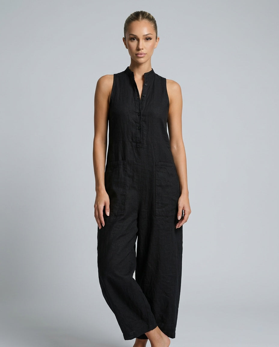 Linen-Blend Sleeveless Loose Jumpsuit