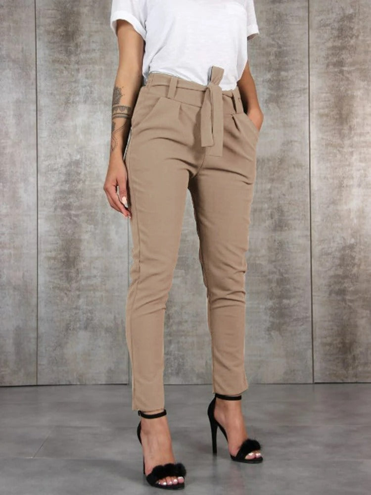 Women's High-Waisted Tapered Trousers – Belted Slim-Fit Ankle-Length Style with Side Pockets for Office Smart Casual and Everyday Wear
