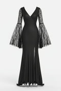 Women's Gothic Floor-Length Costume Dress with Tulle Sleeves and Trailing Hem