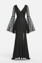 Women's Gothic Floor-Length Costume Dress with Tulle Sleeves and Trailing Hem