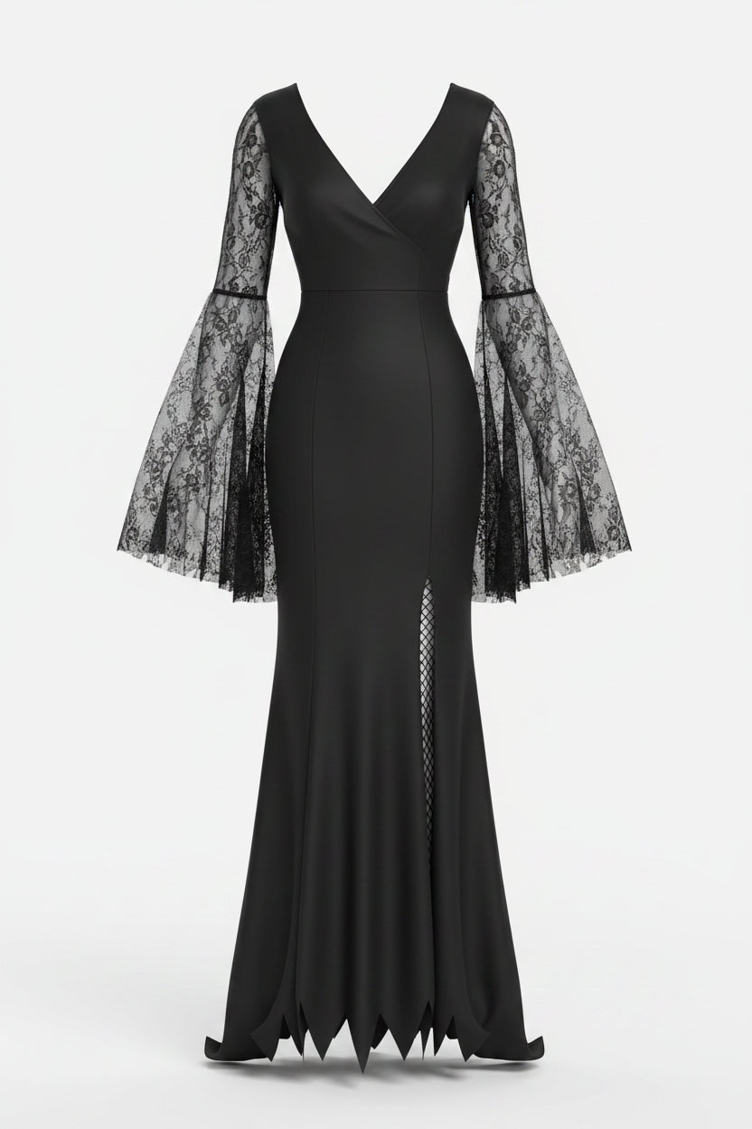 Women's Gothic Floor-Length Costume Dress with Tulle Sleeves and Trailing Hem