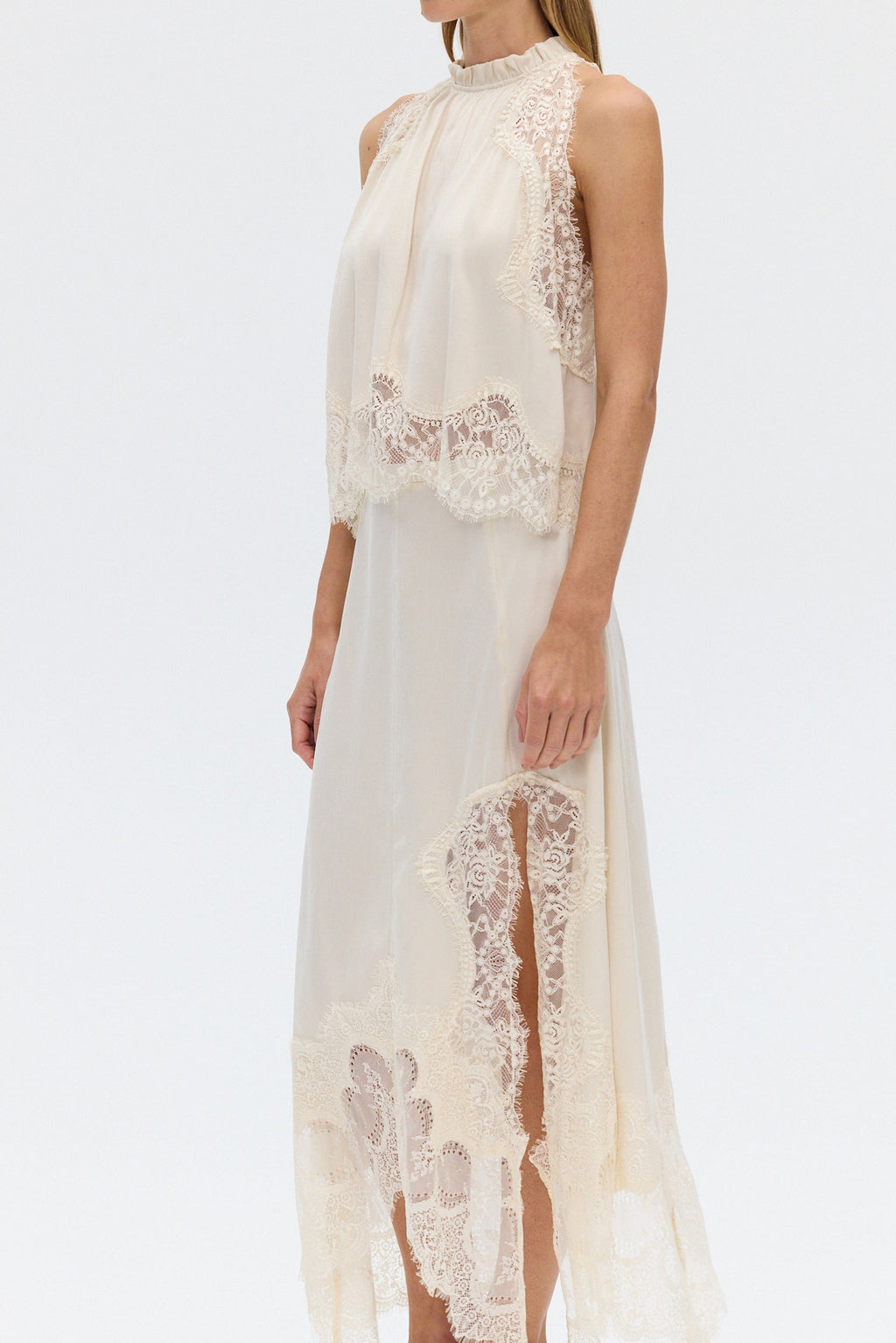 Satin Lace-Trim Top & A-Line Slit Skirt Set