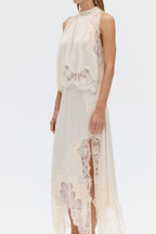 Satin Lace-Trim Top & A-Line Slit Skirt Set