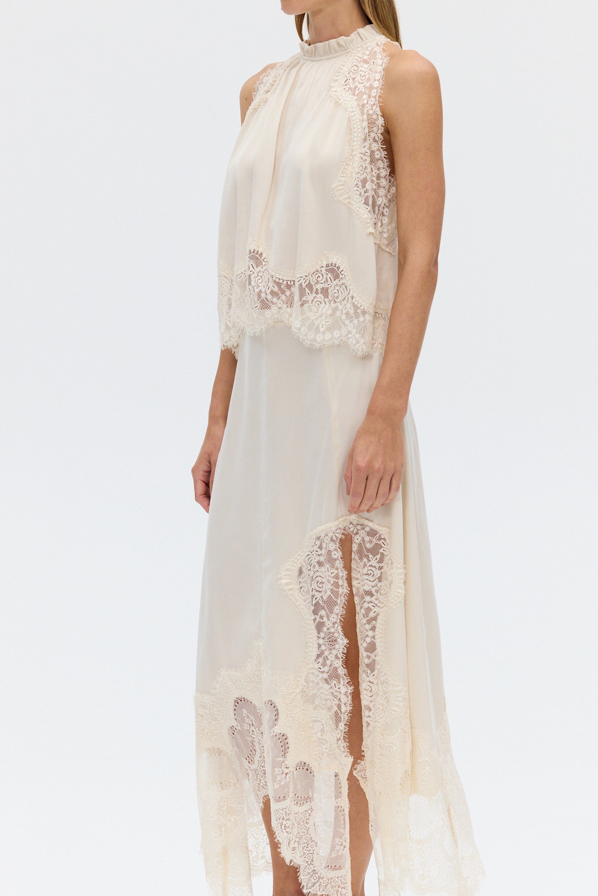 Satin Lace-Trim Top & A-Line Slit Skirt Set