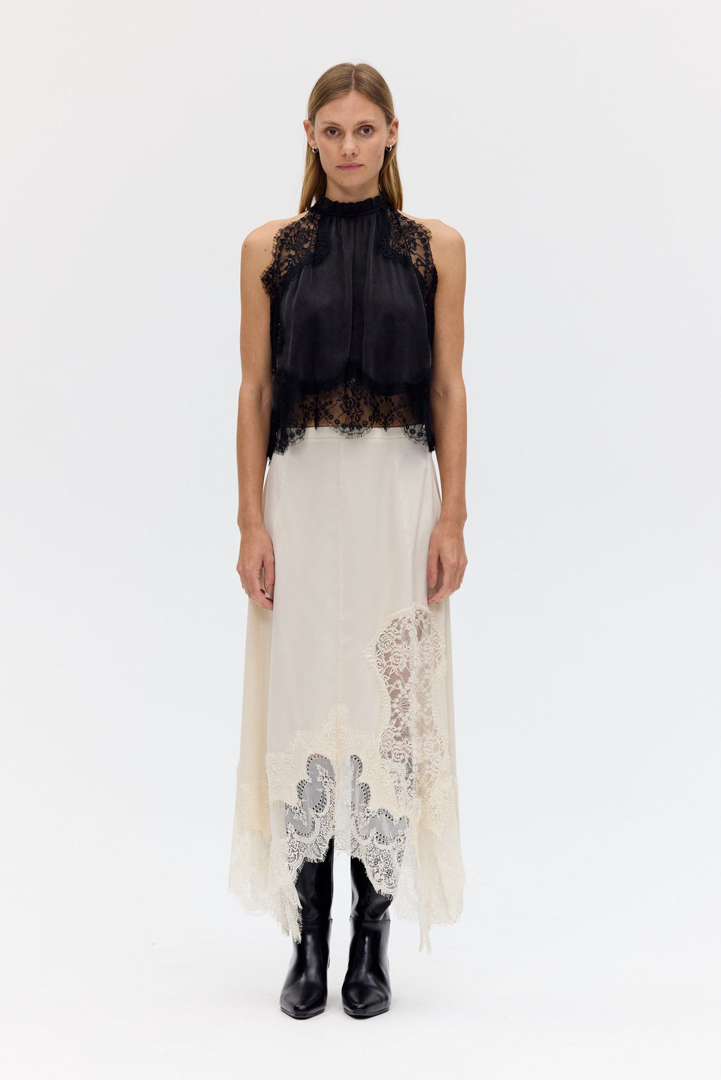 Satin Lace-Trim Top & A-Line Slit Skirt Set