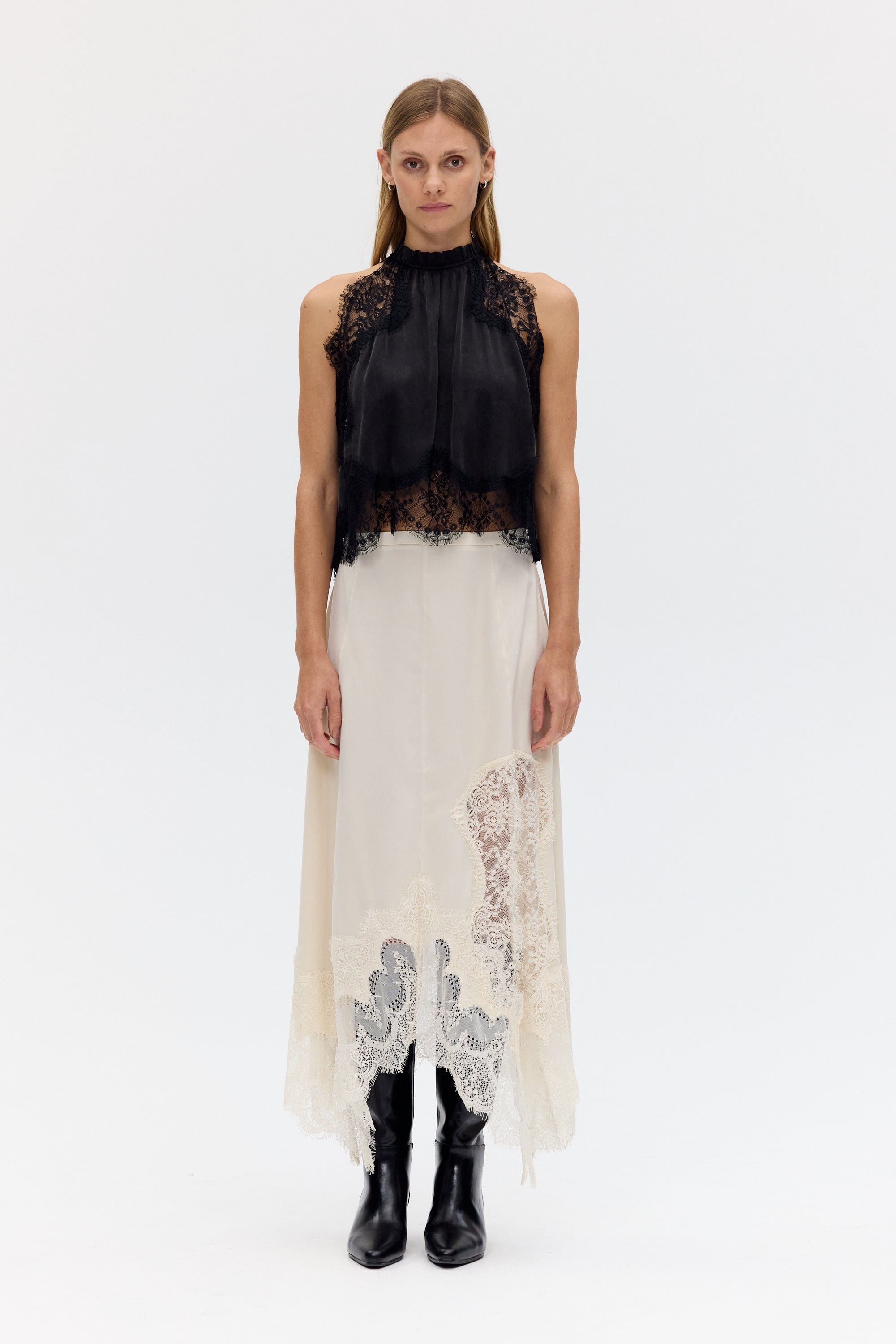 Satin Lace-Trim Top & A-Line Slit Skirt Set