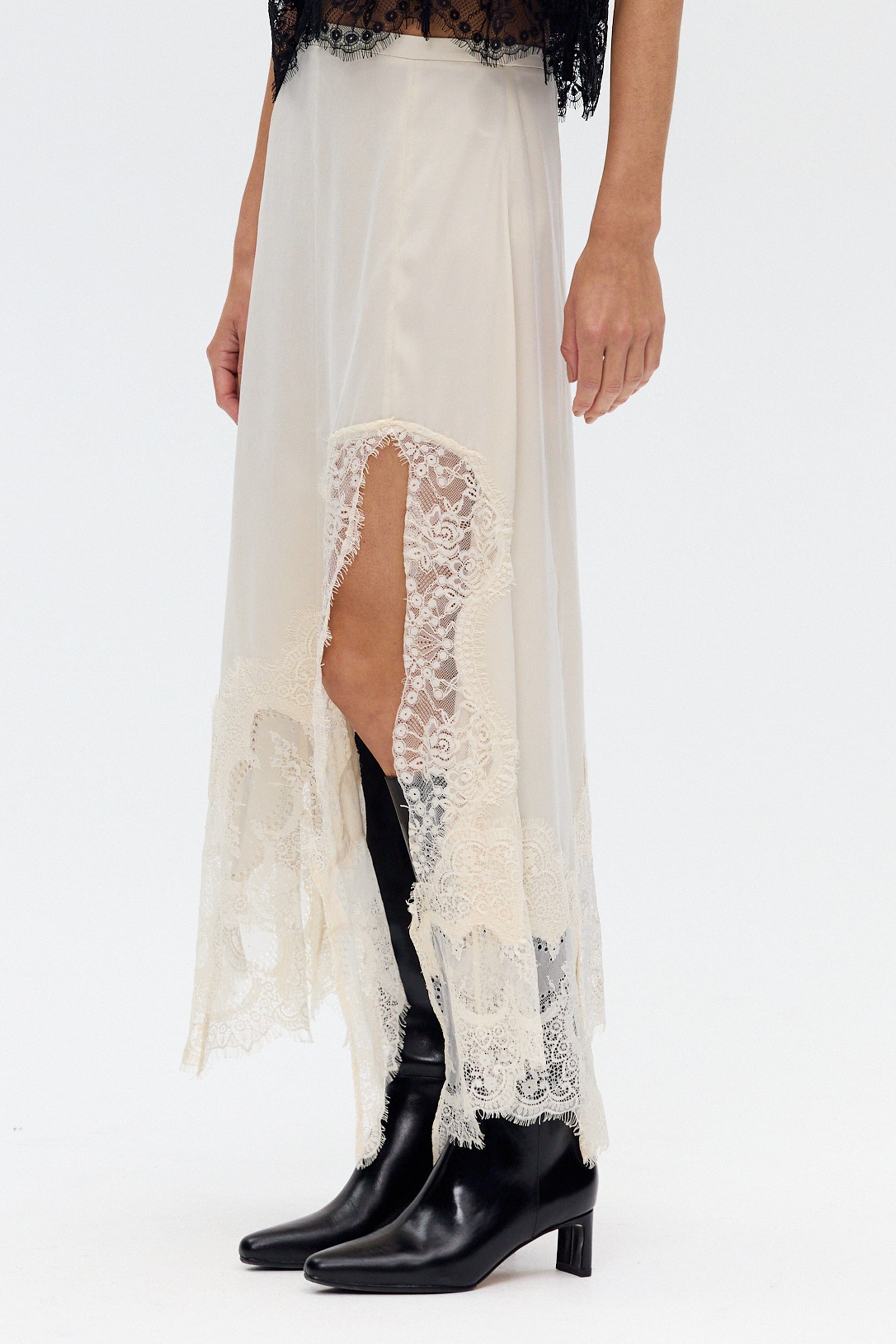 Satin Lace-Trim Top & A-Line Slit Skirt Set
