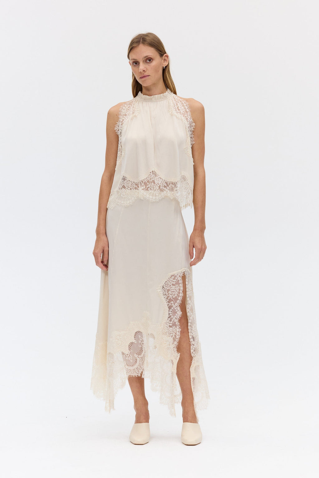 Satin Lace-Trim Top & A-Line Slit Skirt Set