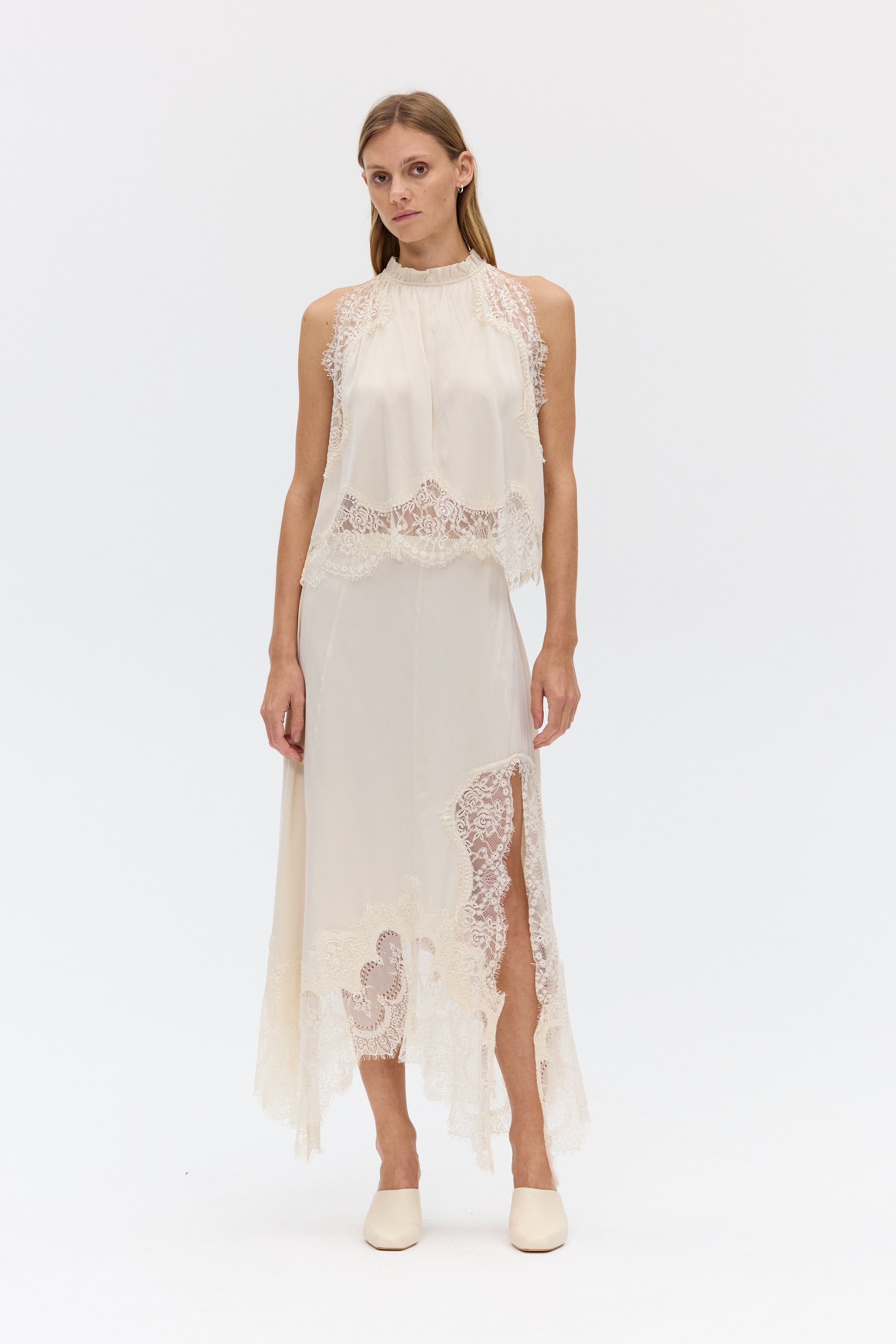 Satin Lace-Trim Top & A-Line Slit Skirt Set