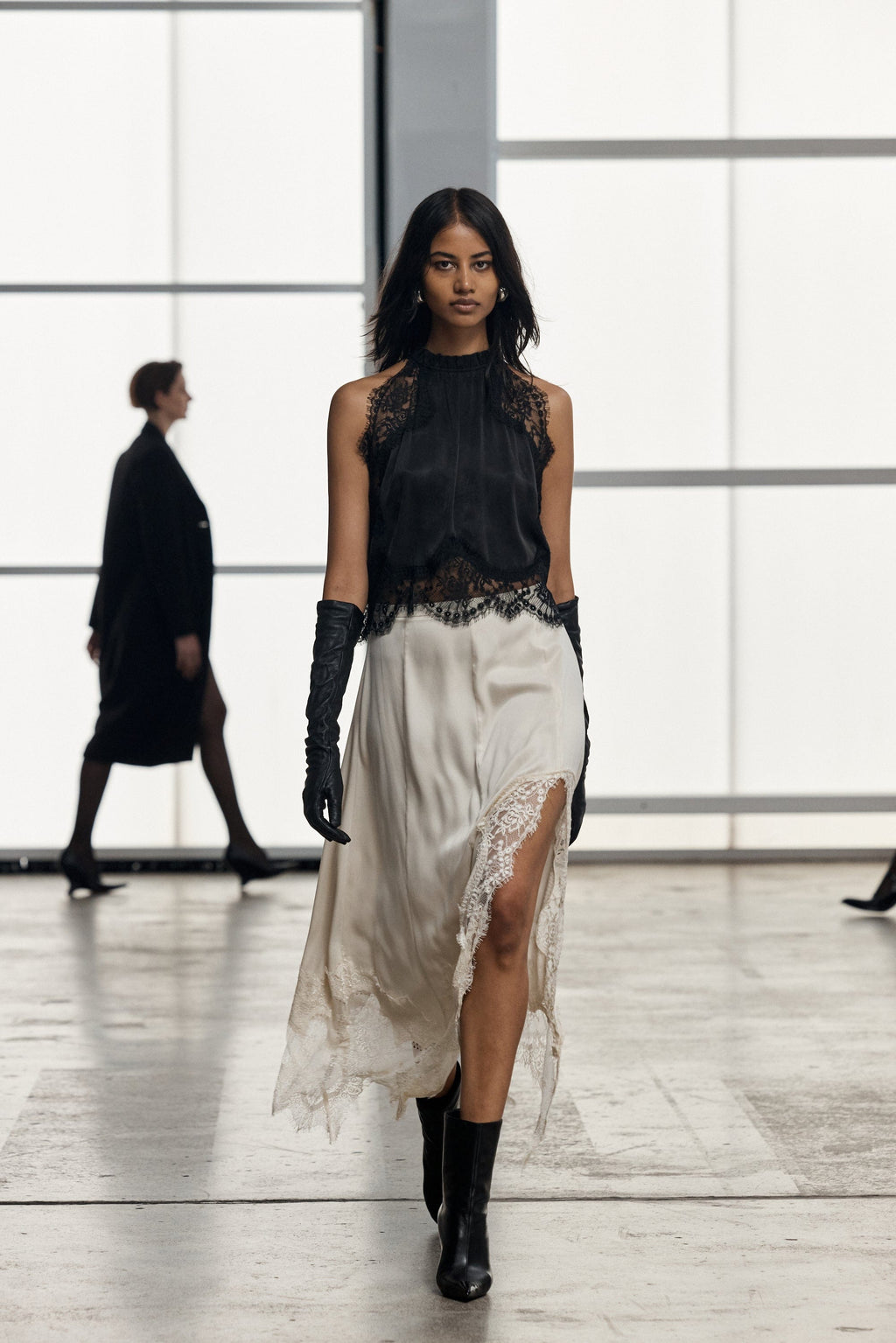 Satin Lace-Trim Top & A-Line Slit Skirt Set