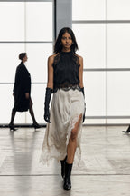 Satin Lace-Trim Top & A-Line Slit Skirt Set