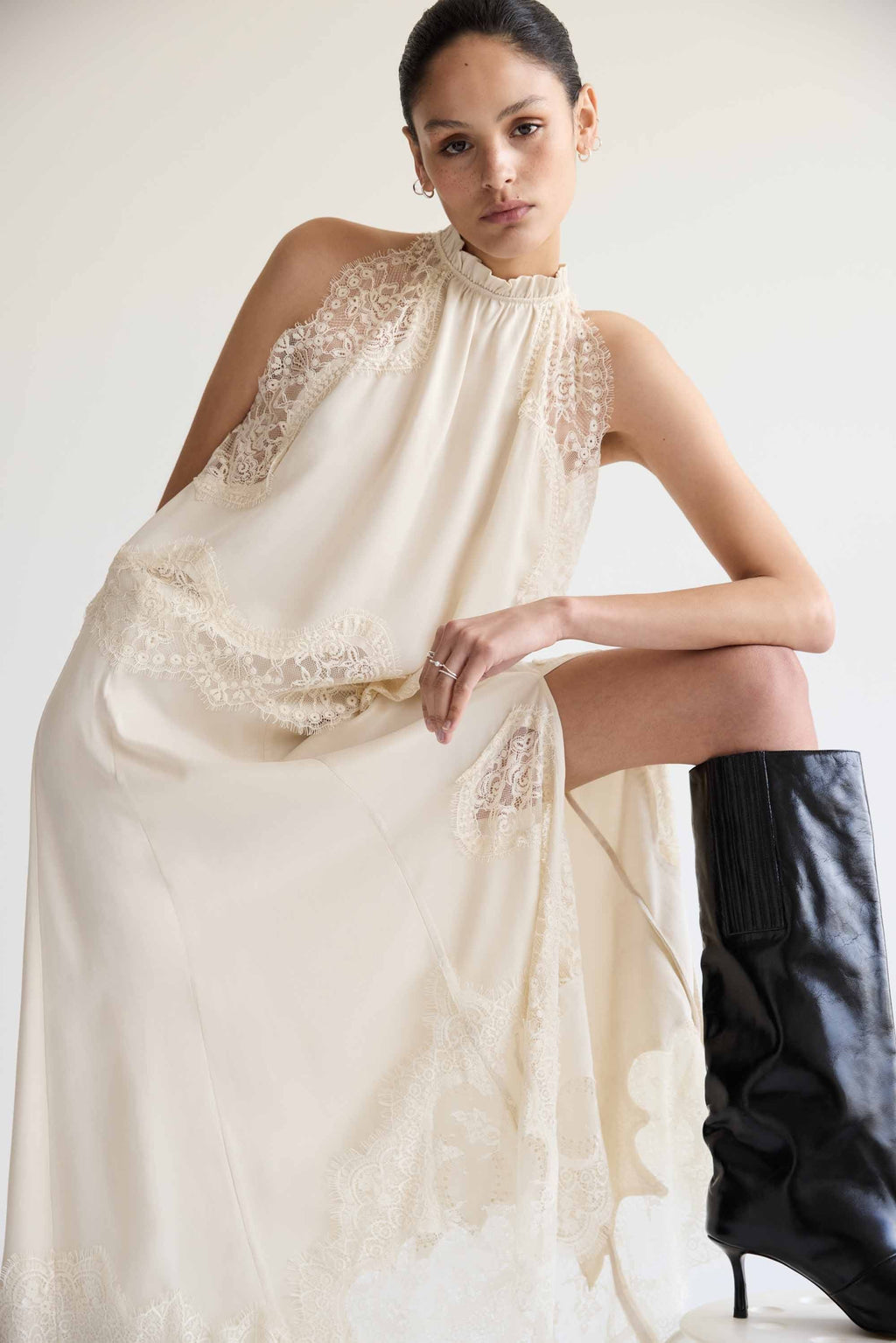 Satin Lace-Trim Top & A-Line Slit Skirt Set