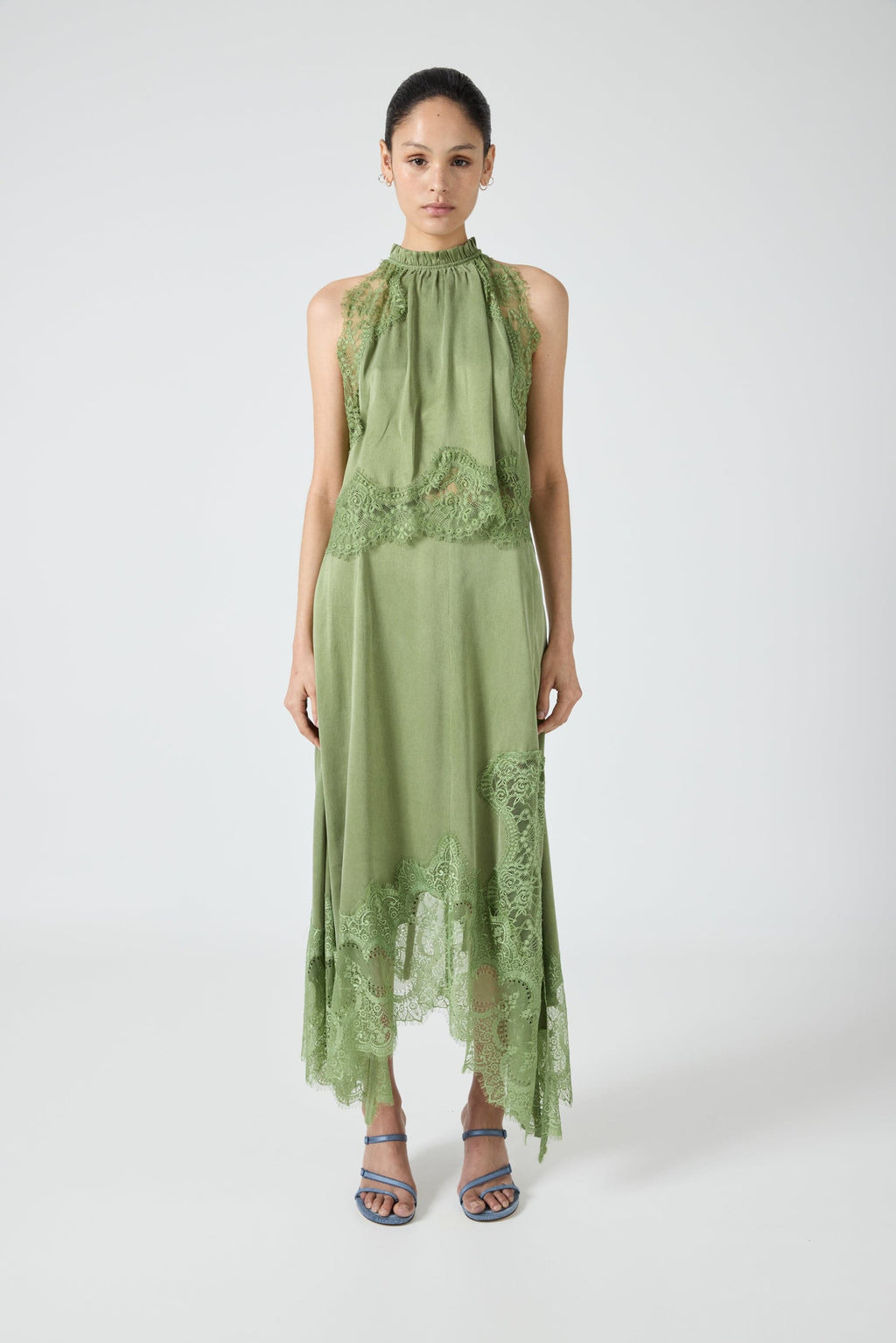 Satin Lace-Trim Top & A-Line Slit Skirt Set