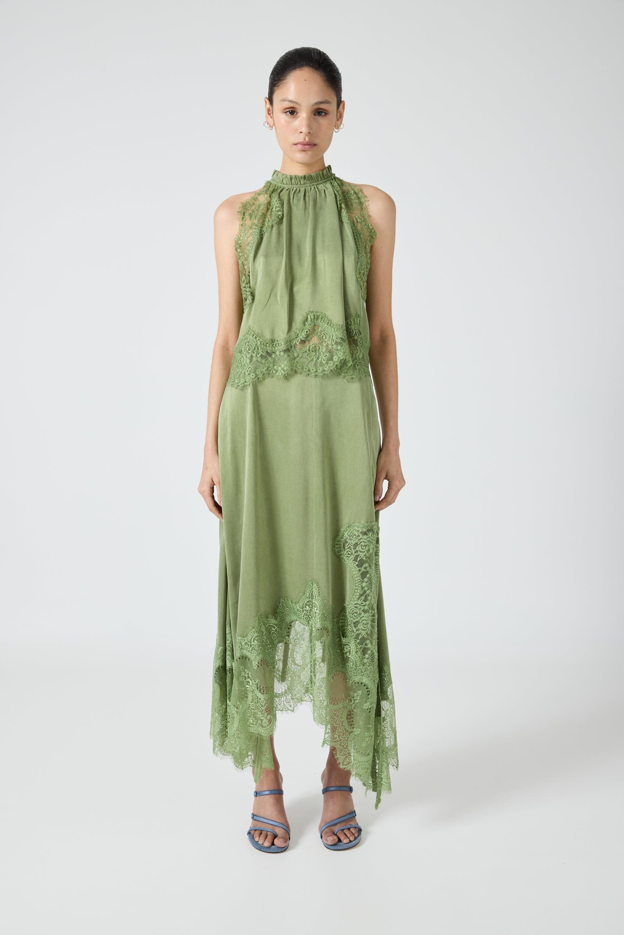 Satin Lace-Trim Top & A-Line Slit Skirt Set