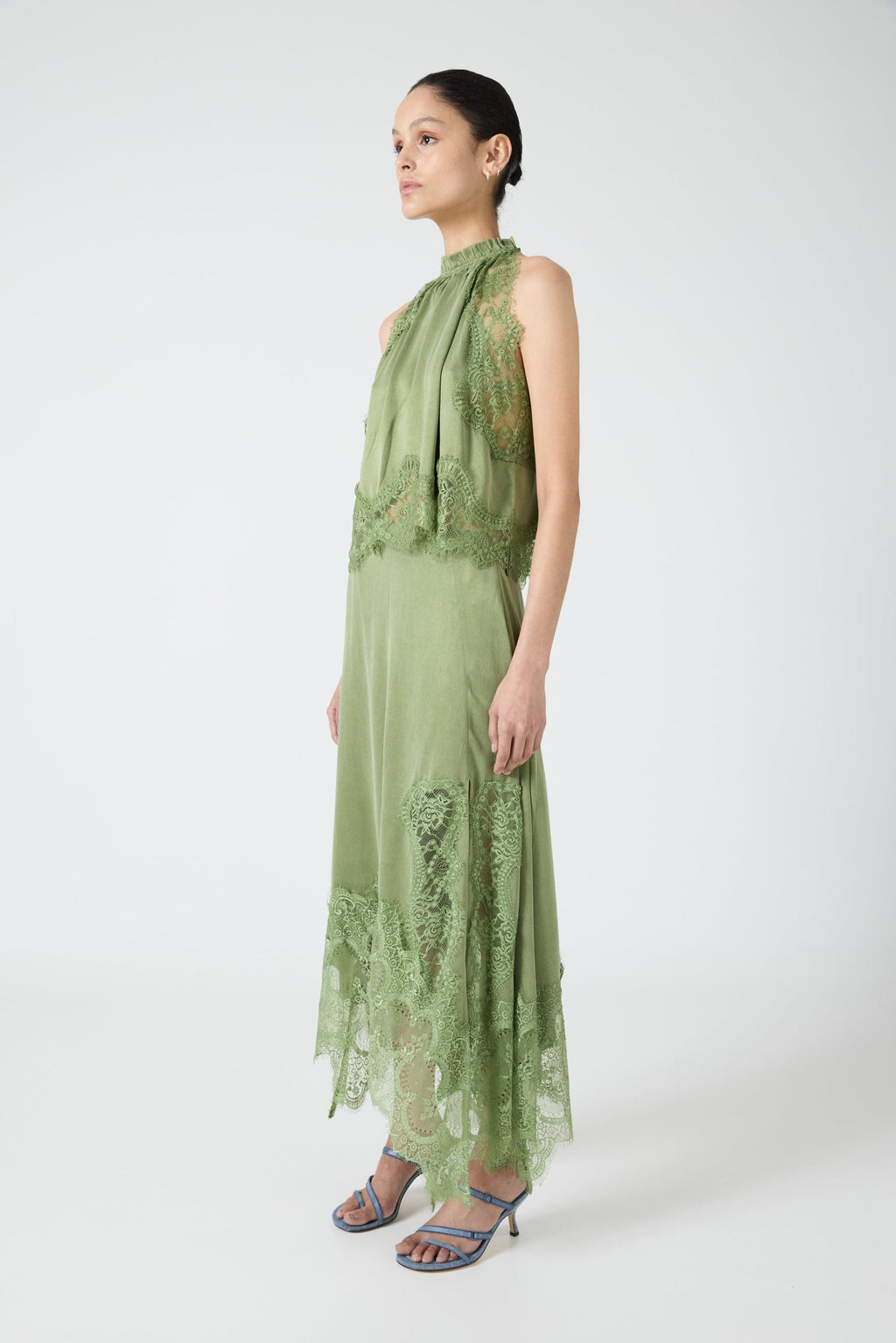 Satin Lace-Trim Top & A-Line Slit Skirt Set