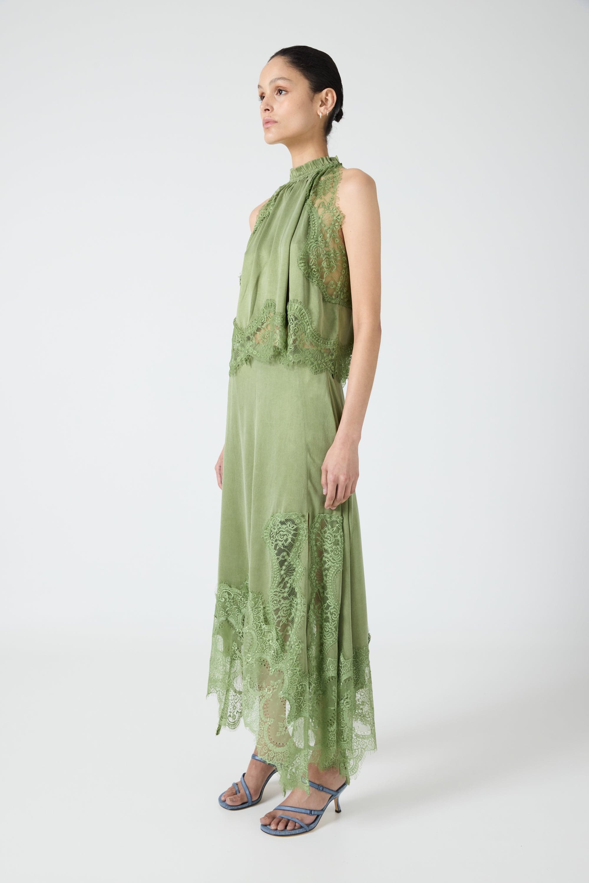 Satin Lace-Trim Top & A-Line Slit Skirt Set