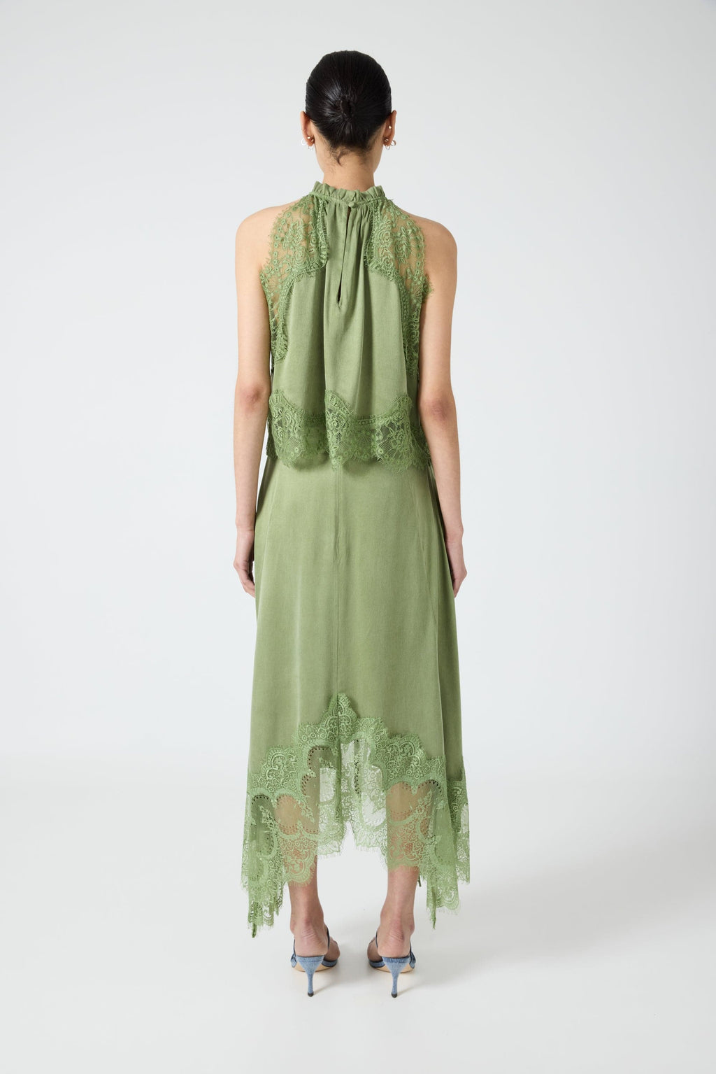 Satin Lace-Trim Top & A-Line Slit Skirt Set