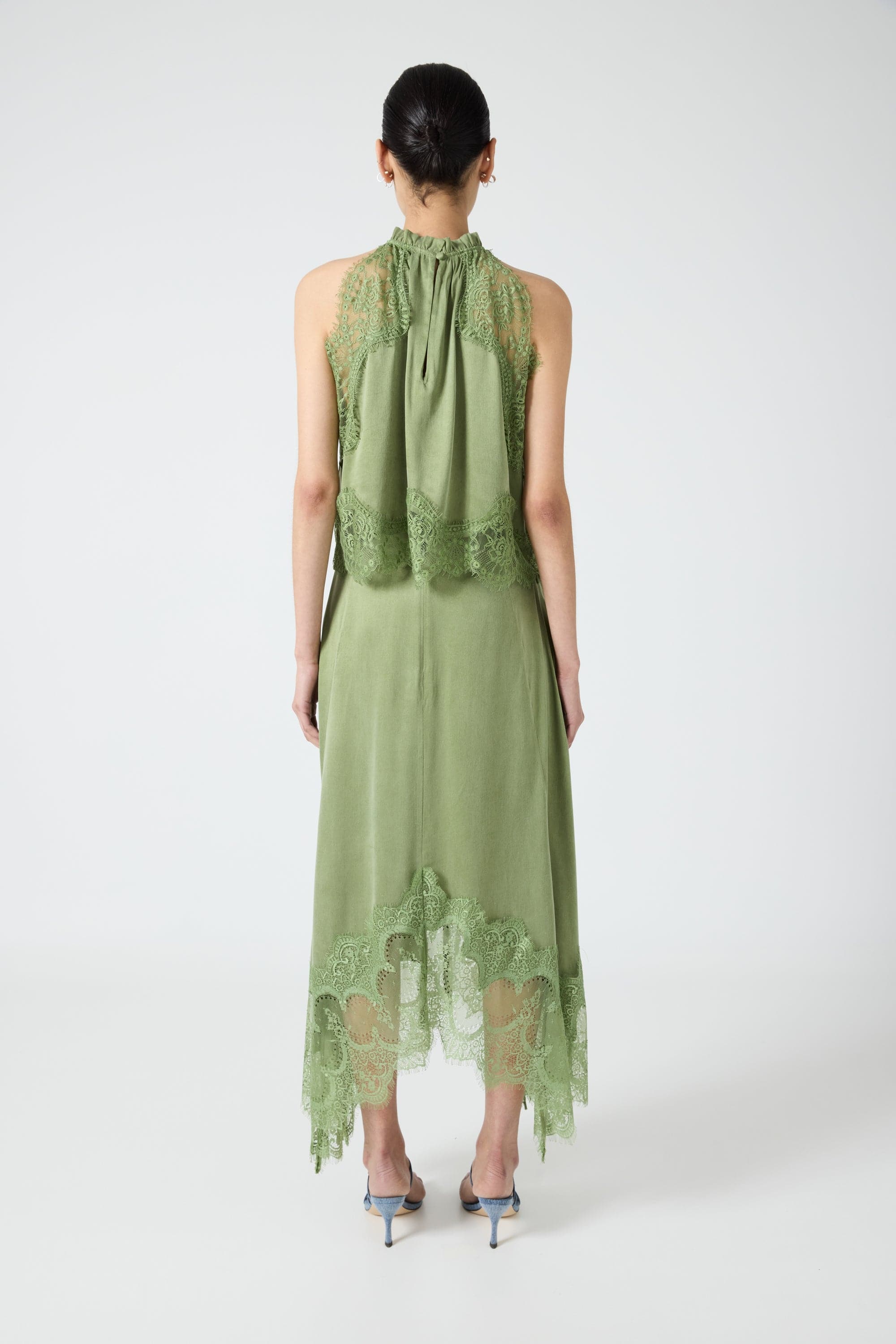 Satin Lace-Trim Top & A-Line Slit Skirt Set