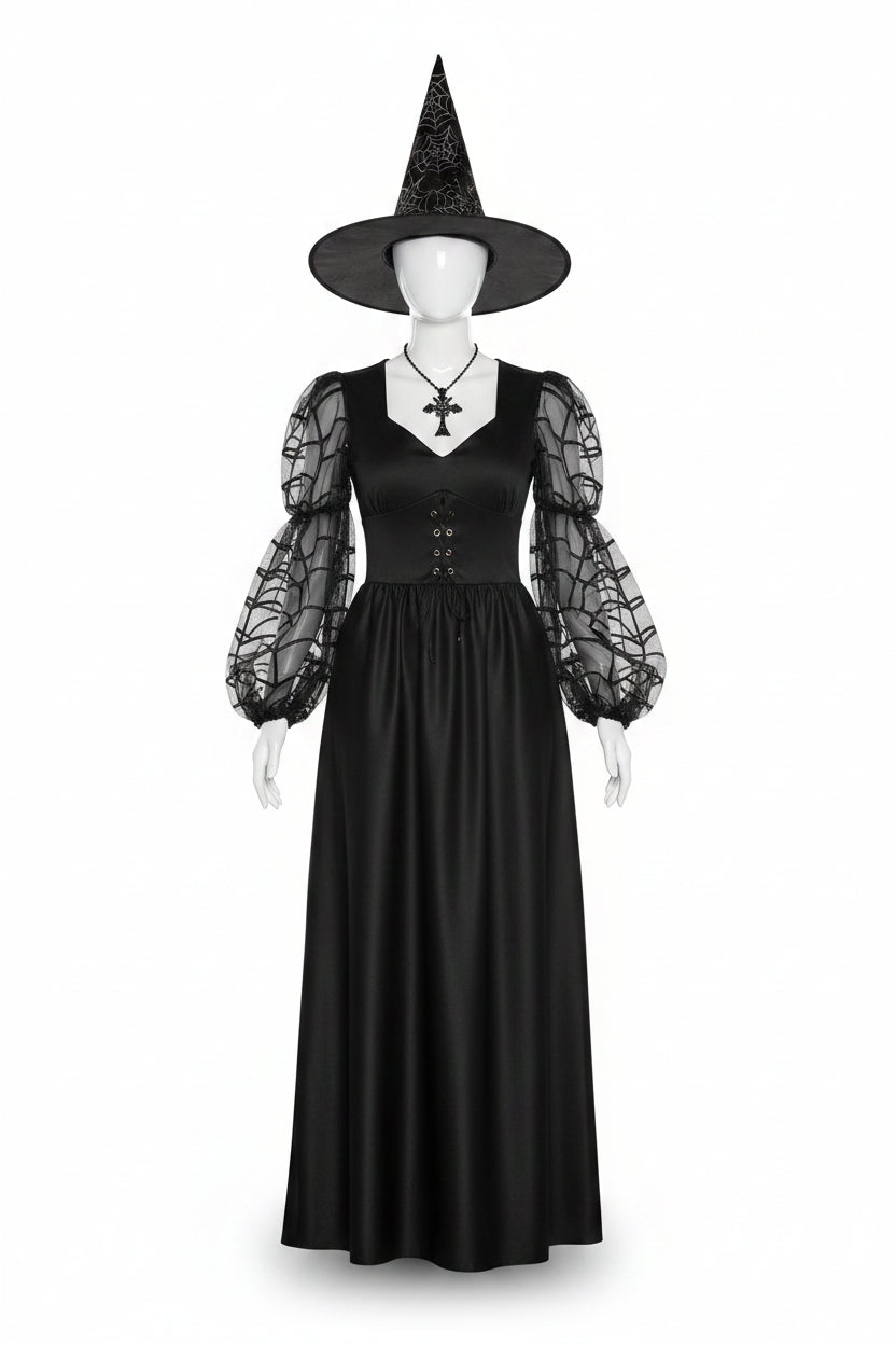 Women's Witch Maxi Costume Dress with Sheer Spiderweb Puff Sleeves and Hat
