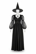 Women's Witch Maxi Costume Dress with Sheer Spiderweb Puff Sleeves and Hat