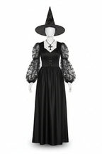Women's Witch Maxi Costume Dress with Sheer Spiderweb Puff Sleeves and Hat