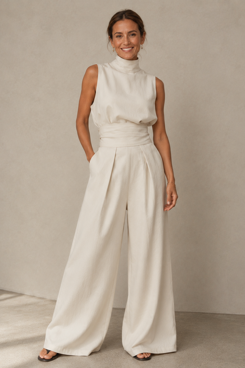 Olive Green Linen-Look Wide Leg Jumpsuit – Women's High Neck Summer Jumpsuit