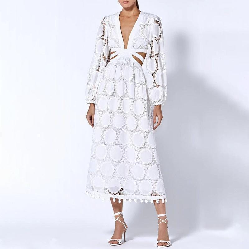 White Lace Ibiza Dress – Women's Long Sleeve Boho Summer Beach & Wedding Guest Dress | Meave & Ivy