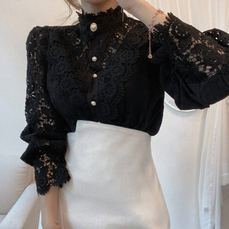 Women's High-Neck Lace Blouse with Decorative Buttons and Scalloped Cuffs