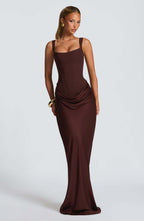 Ruched Bodycon Maxi Dress - Scoop Neck Evening Gown | Meave & Ivy