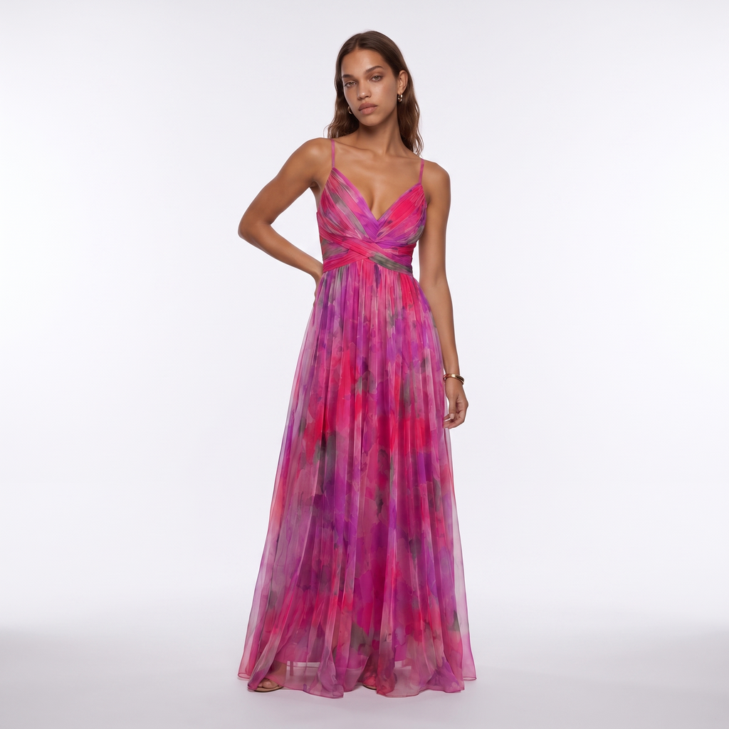 Watercolour Floral V-Neck Maxi Dress with Open Back