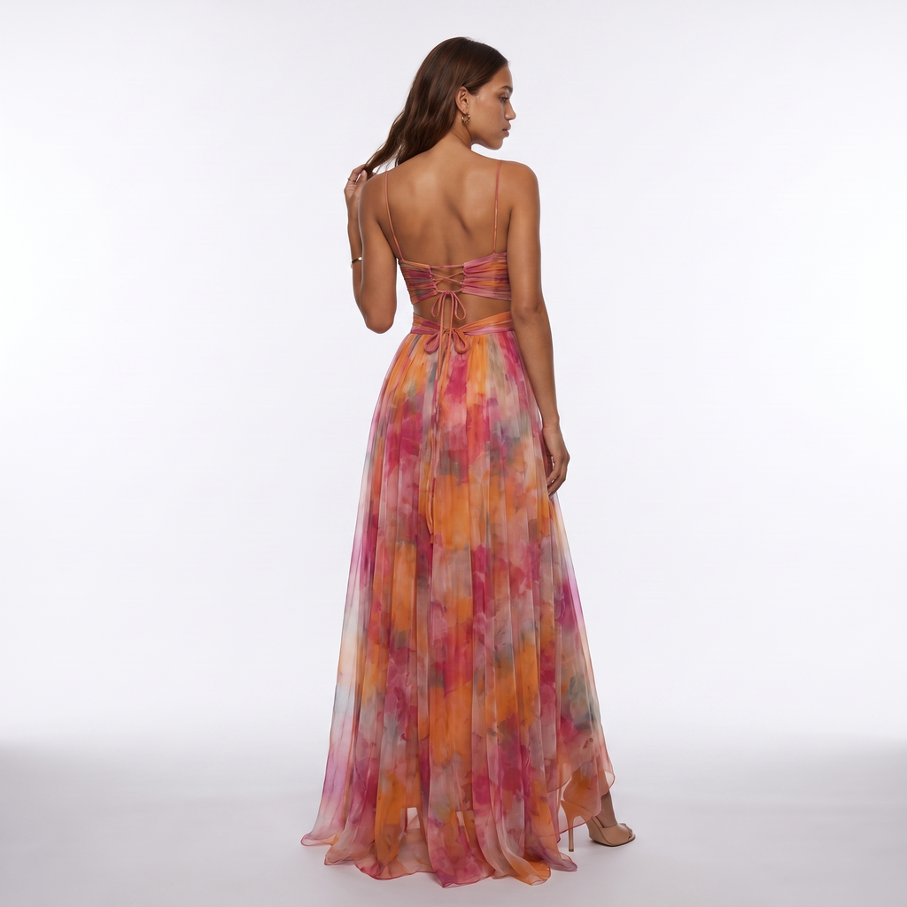 Watercolour Floral V-Neck Maxi Dress with Open Back