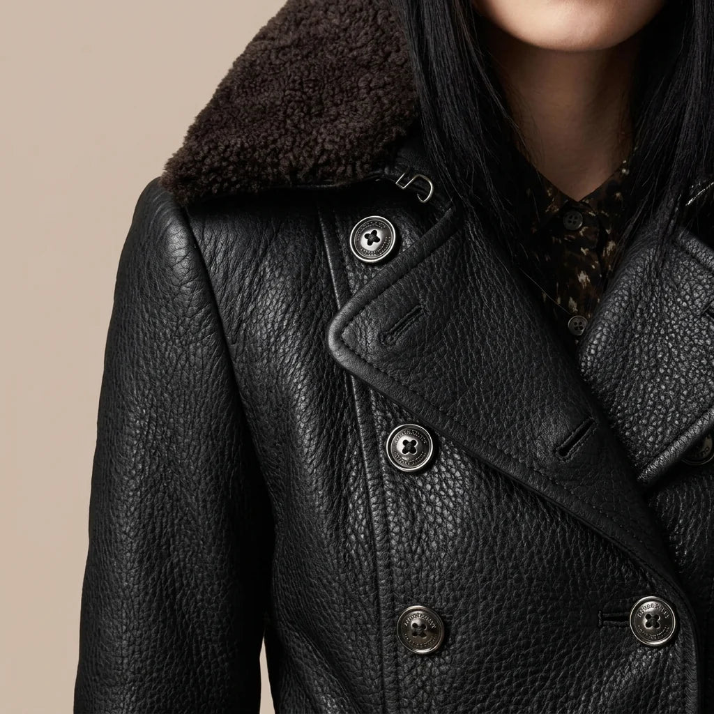 Women's Elegant Double-Breasted leather-look Coat with Plush faux fur