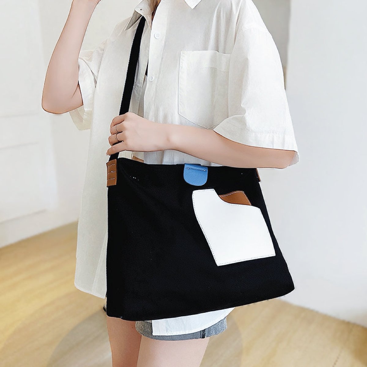 Women's Colour-Block Canvas Shoulder Tote Bag
