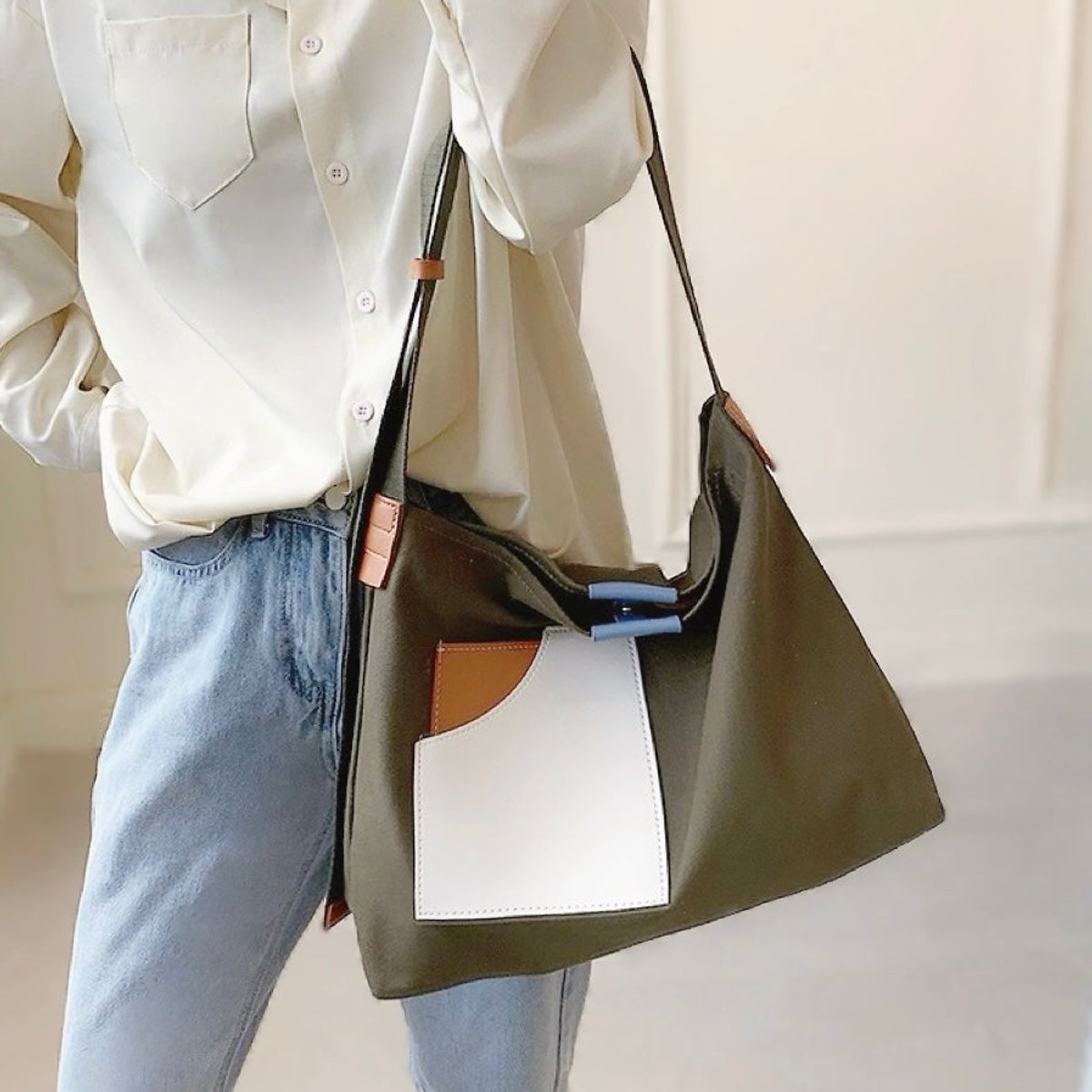 Women's Colour-Block Canvas Shoulder Tote Bag