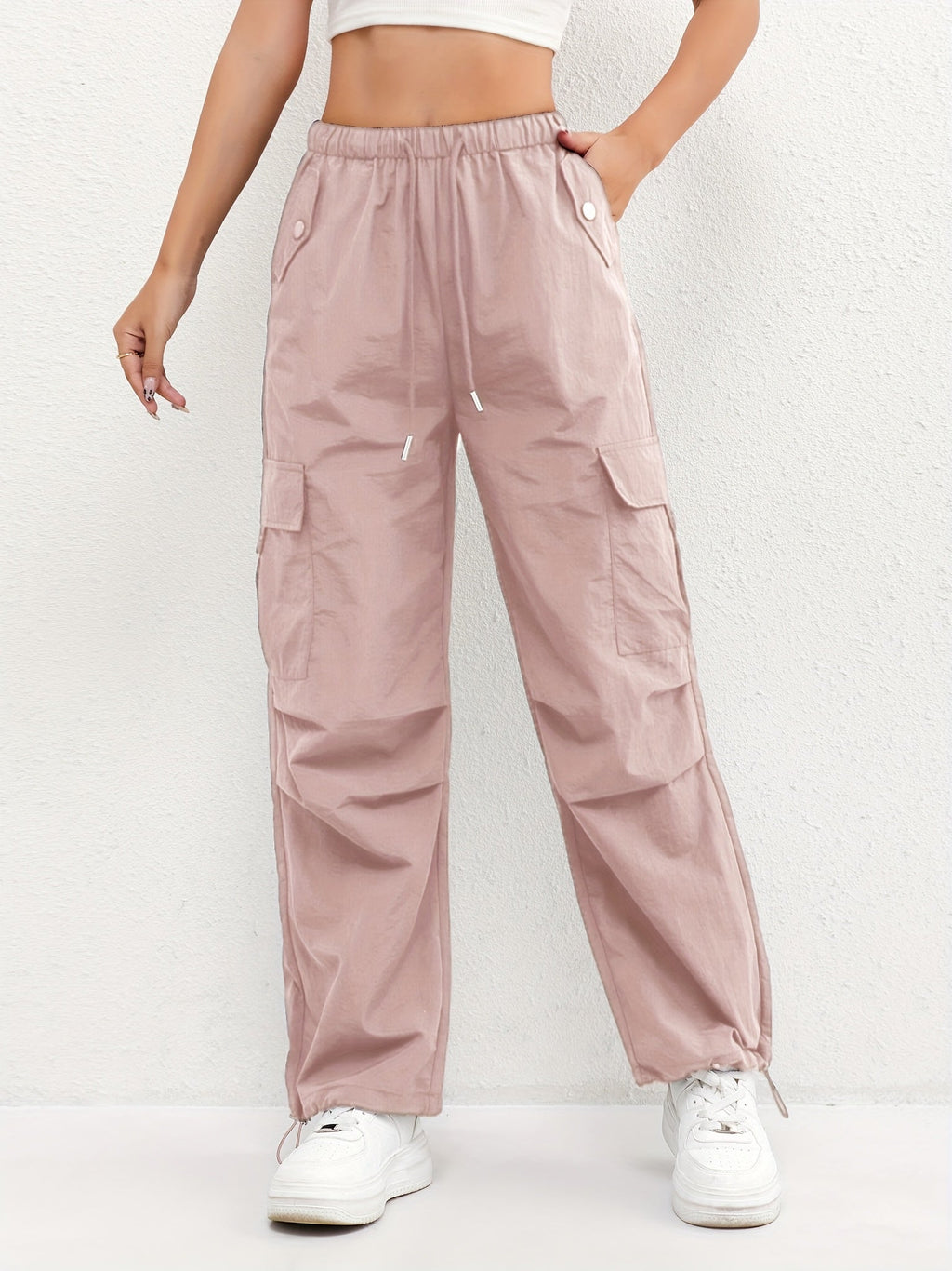Women's Lightweight High-Waisted Cargo Trousers – Relaxed Straight-Leg Drawstring Style with Utility Pockets for Summer Travel and Everyday Casual Wear