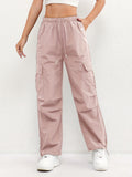 Women's Lightweight High-Waisted Cargo Trousers – Relaxed Straight-Leg Drawstring Style with Utility Pockets for Summer Travel and Everyday Casual Wear