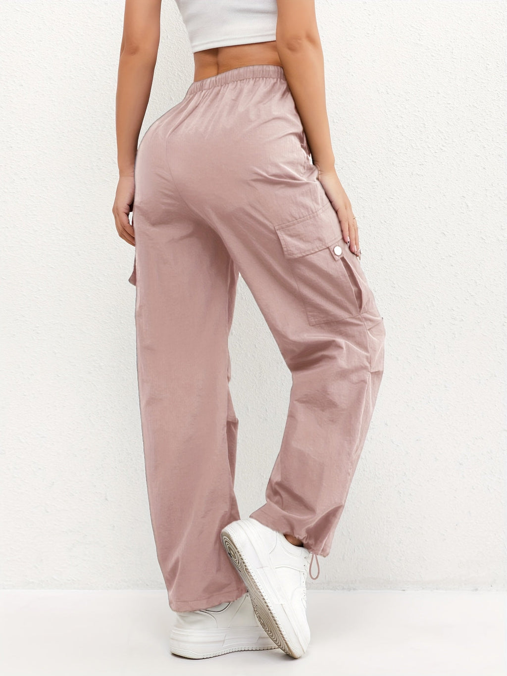 Women's Lightweight High-Waisted Cargo Trousers – Relaxed Straight-Leg Drawstring Style with Utility Pockets for Summer Travel and Everyday Casual Wear