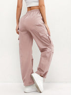 Women's Lightweight High-Waisted Cargo Trousers – Relaxed Straight-Leg Drawstring Style with Utility Pockets for Summer Travel and Everyday Casual Wear